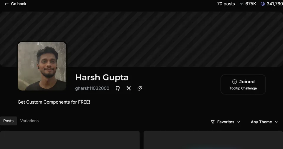 Harsh Gupta's Uiverse.io profile with 70 posts and 675K views