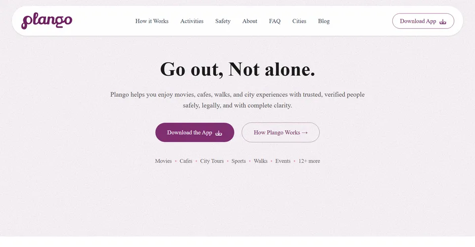 Plango website homepage: Go out, not alone